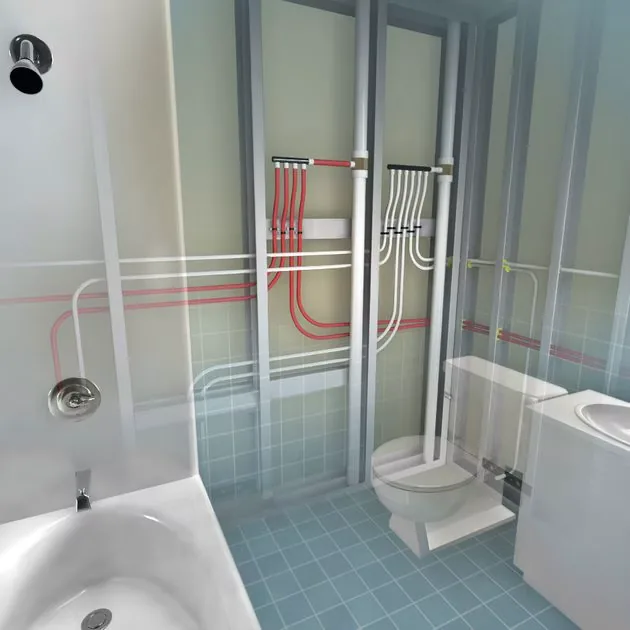 Cutaway diagram of PEX hot and cold lines feeding a bathroom – How to Increase Water Pressure in Your Shower for Tustin, CA homes
